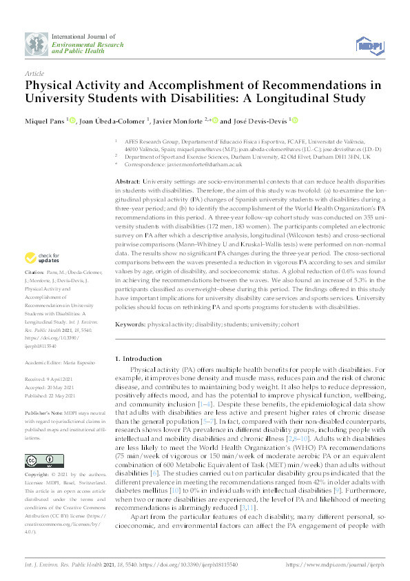 Physical Activity and Accomplishment of Recommendations in University Students with Disabilities: A Longitudinal Study Thumbnail