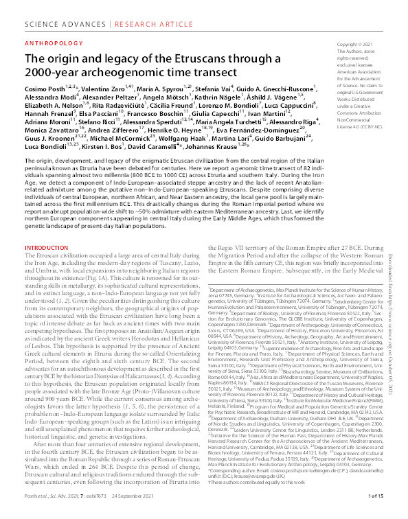 The origin and legacy of the Etruscans through a 2000-year archeogenomic time transect Thumbnail