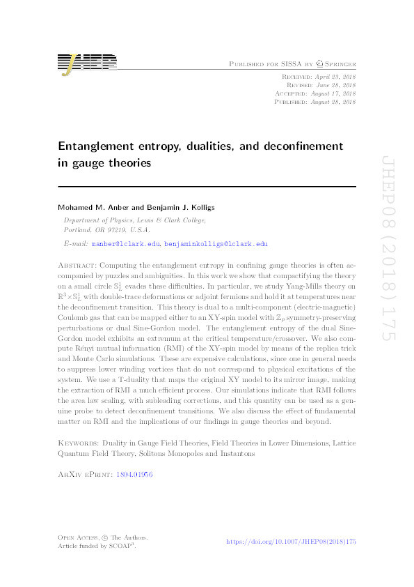 Entanglement entropy, dualities, and deconfinement in gauge theories Thumbnail