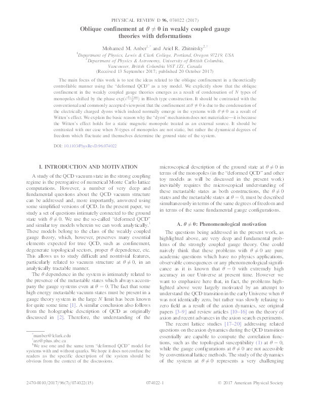 Oblique confinement at θ≠0 in weakly coupled gauge theories with deformations Thumbnail