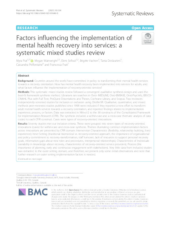 Factors influencing the implementation of mental health recovery into services: a systematic mixed studies review Thumbnail