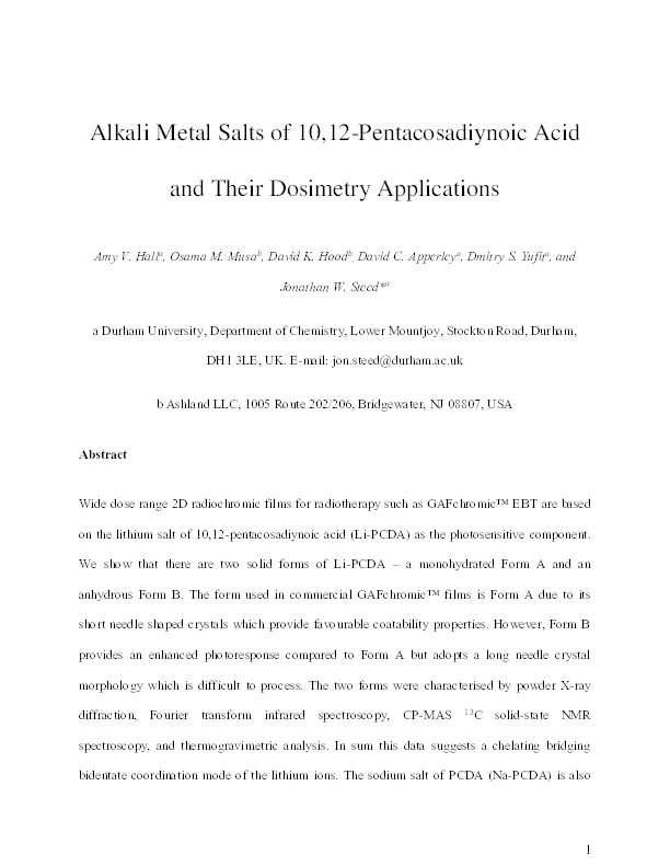 Alkali Metal Salts of 10,12-Pentacosadiynoic Acid and Their Dosimetry Applications Thumbnail