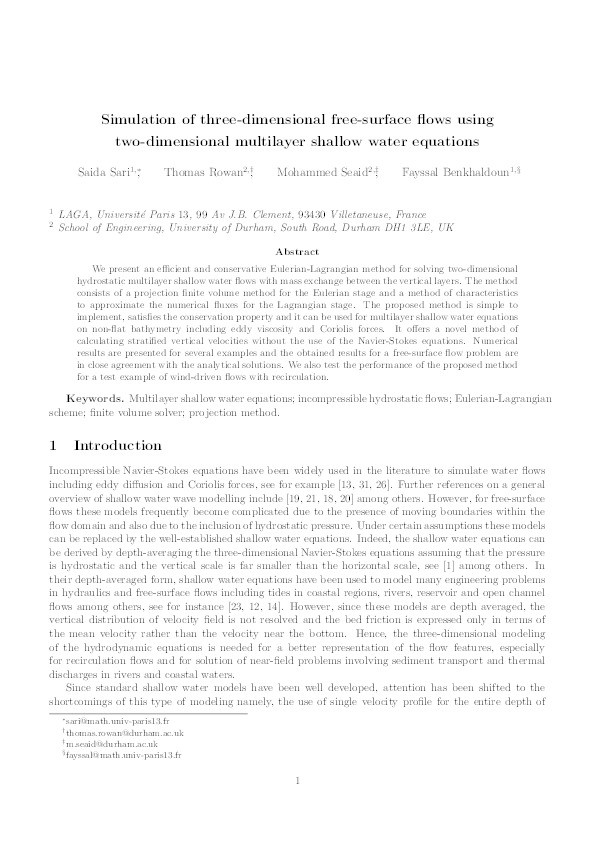 Simulation of Three-Dimensional Free-SurfaceFlows Using Two-Dimensional Multilayer Shallow Water Equations Thumbnail