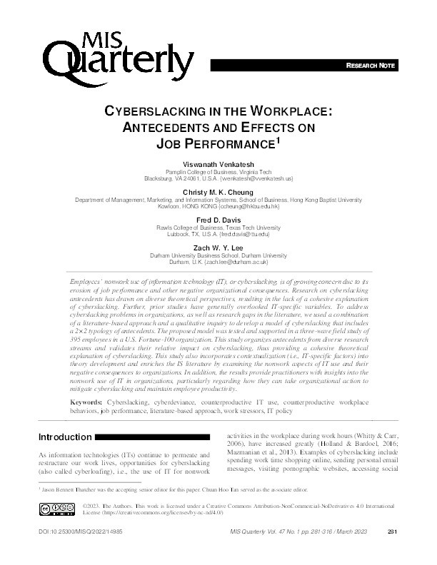 Cyberslacking in the Workplace: Antecedents and Effects on Job Performance Thumbnail
