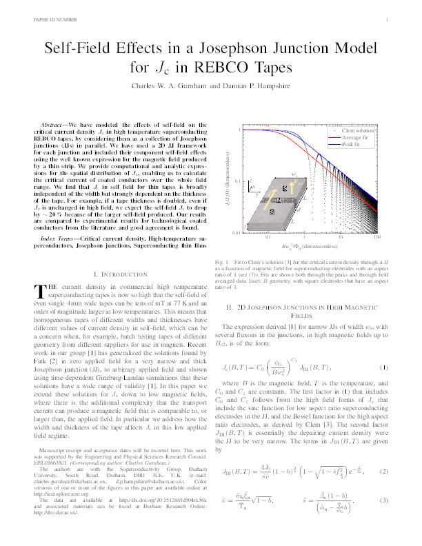 Self-Field Effects in a Josephson Junction Model for Jc in REBCO Tapes Thumbnail
