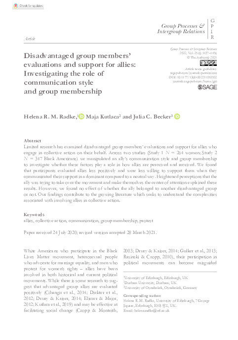 Disadvantaged group members’ evaluations and support for allies: Investigating the role of communication style and group membership Thumbnail