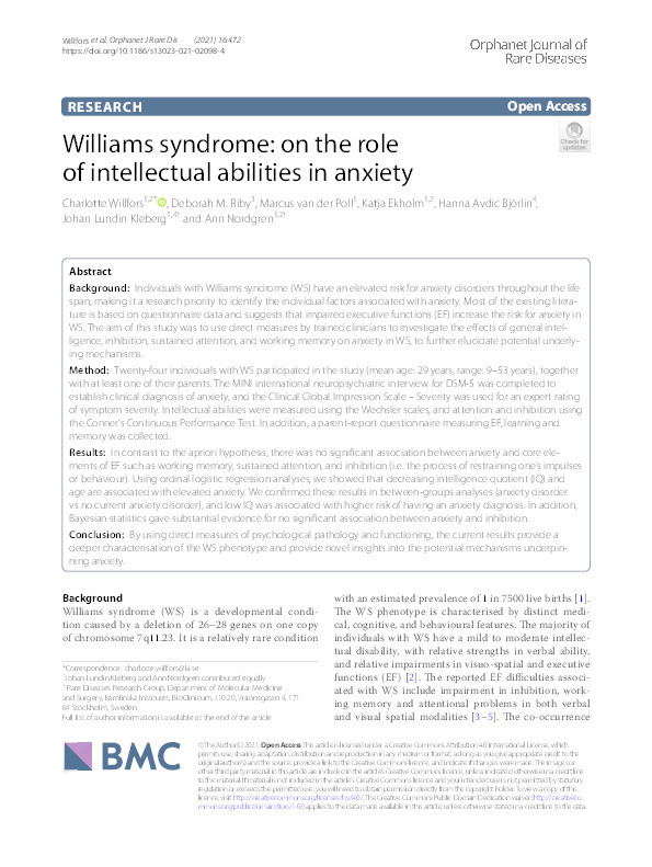 Williams syndrome: On the role of intellectual abilities in anxiety Thumbnail