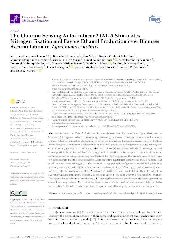 The Quorum Sensing Auto-Inducer 2 (AI-2) Stimulates Nitrogen Fixation and Favors Ethanol Production over Biomass Accumulation in Zymomonas mobilis Thumbnail