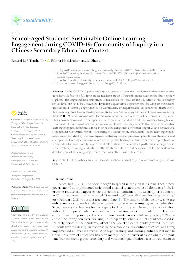 School-Aged Students’ Sustainable Online Learning Engagement during COVID-19: Community of Inquiry in a Chinese Secondary Education Context Thumbnail