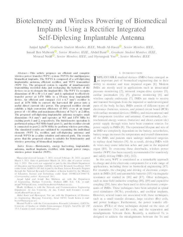 Biotelemetry and Wireless Powering of Biomedical Implants Using a Rectifier Integrated Self-Diplexing Implantable Antenna Thumbnail