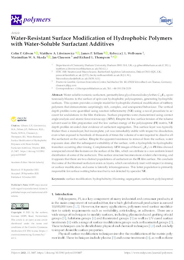 Water-Resistant Surface Modification of Hydrophobic Polymers with Water-Soluble Surfactant Additives Thumbnail