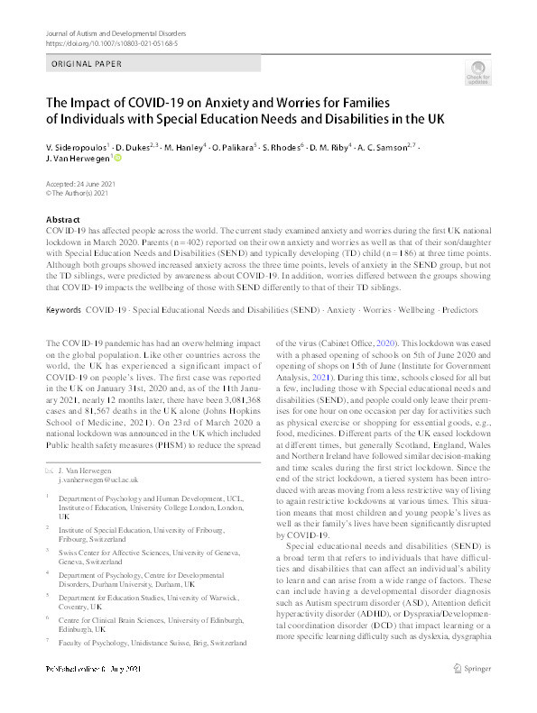 The Impact of COVID-19 on Anxiety and Worries for Families of Individuals with Special Education Needs and Disabilities in the UK Thumbnail