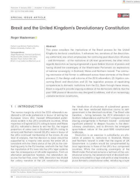Brexit and the United Kingdom’s Devolutionary Constitution Thumbnail