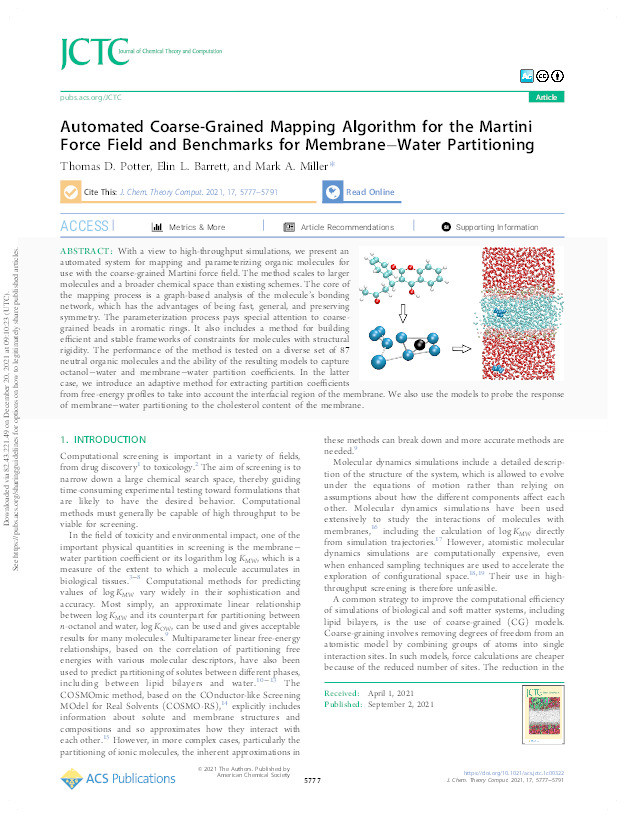 Automated Coarse-Grained Mapping Algorithm for the Martini Force Field and Benchmarks for Membrane–Water Partitioning Thumbnail