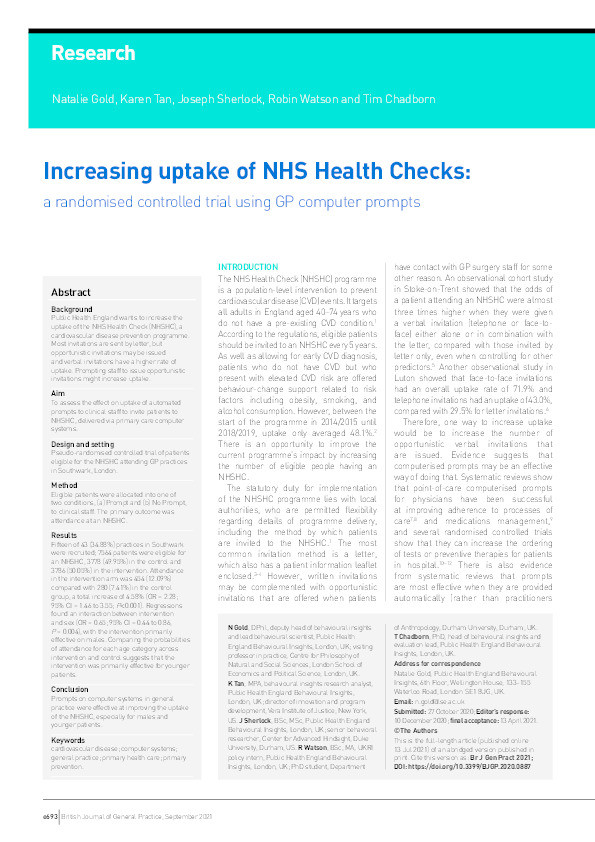 Increasing uptake of NHS Health Checks: a randomised controlled trial using GP computer prompts Thumbnail