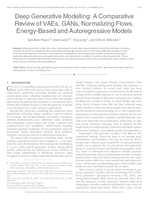 Deep Generative Modelling: A Comparative Review of VAEs, GANs, Normalizing Flows, Energy-Based and Autoregressive Models Thumbnail