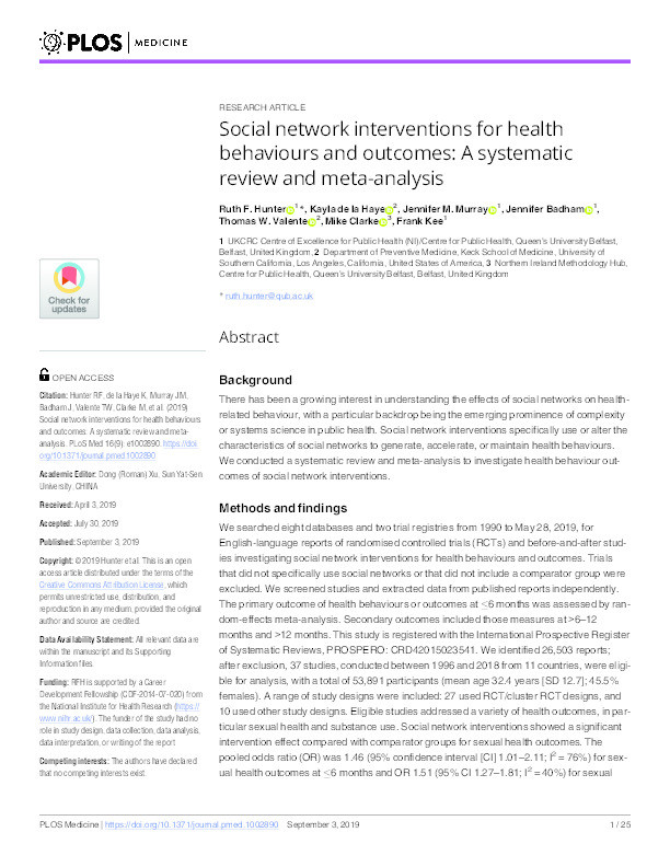 Social network interventions for health behaviours and outcomes: A systematic review and meta-analysis Thumbnail