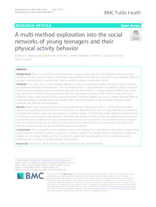A multi-method exploration into the social networks of young teenagers and their physical activity behavior Thumbnail