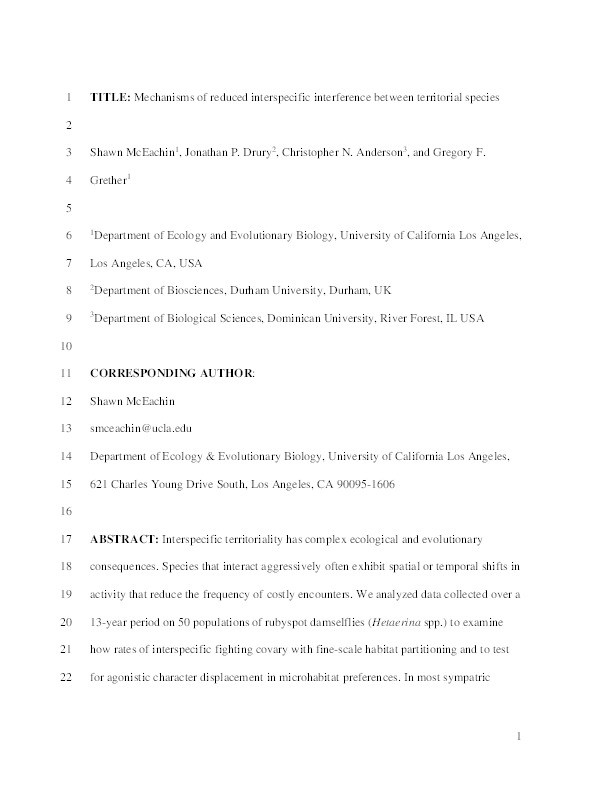 Mechanisms of reduced interspecific interference between territorial species Thumbnail
