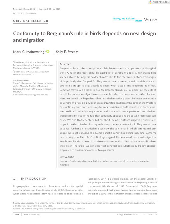 Conformity to Bergmann's rule in birds depends on nest design and migration Thumbnail