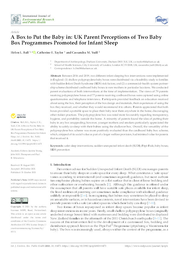 A box to put the baby in: UK parent perceptions of two box programmes promoted for infant sleep Thumbnail