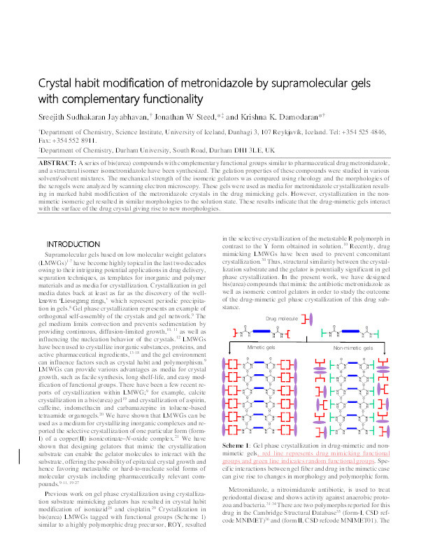 Crystal Habit Modification of Metronidazole by Supramolecular Gels with Complementary Functionality Thumbnail