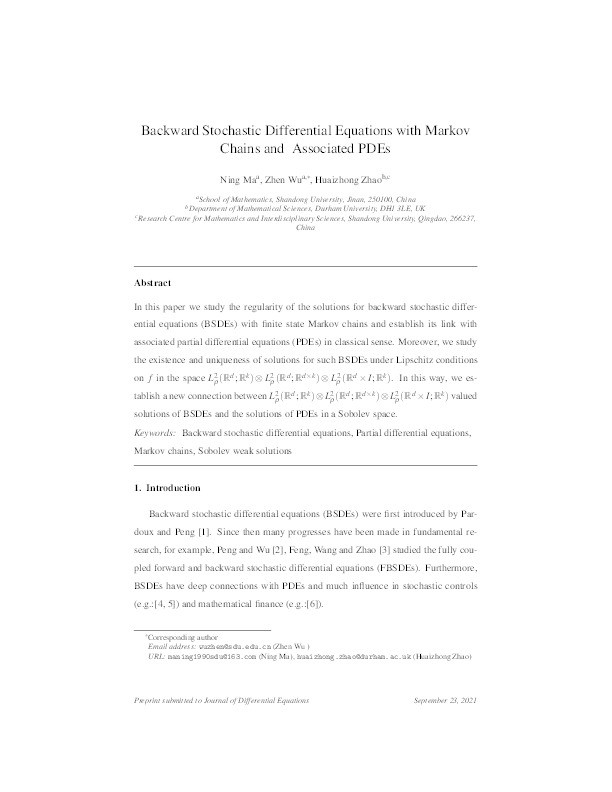 Backward stochastic differential equations with Markov chains and associated PDEs Thumbnail