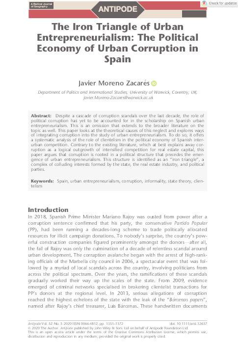 The Iron Triangle of Urban Entrepreneurialism: The Political Economy of Urban Corruption in Spain Thumbnail
