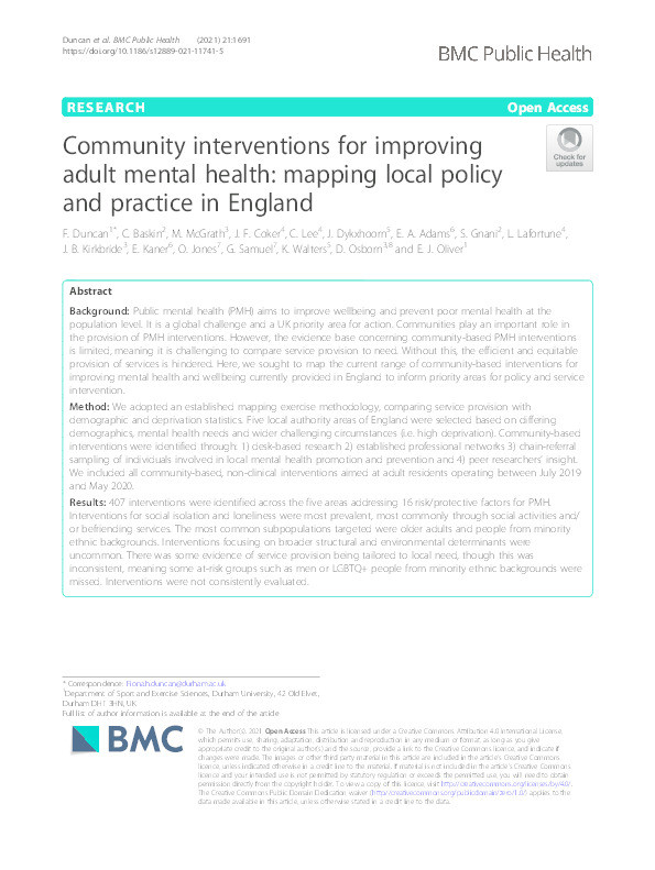 Community interventions for improving adult mental health: mapping local policy and practice in England Thumbnail