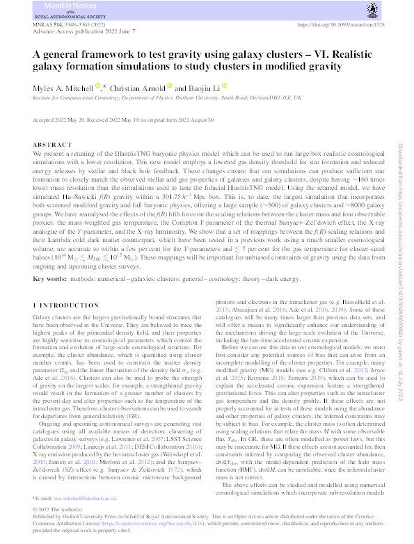 A general framework to test gravity using galaxy clusters VI: Realistic galaxy formation simulations to study clusters in modified gravity Thumbnail
