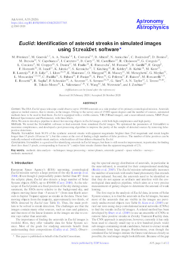 Euclid: Identification of asteroid streaks in simulated images using StreakDet software Thumbnail