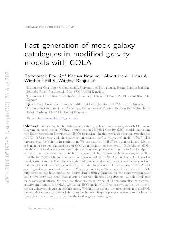 Fast generation of mock galaxy catalogues in modified gravity models with COLA Thumbnail
