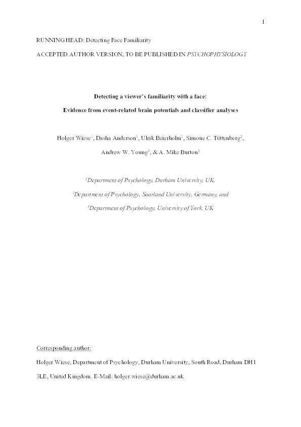 Detecting a viewer's familiarity with a face: Evidence from event-related brain potentials and classifier analyses Thumbnail