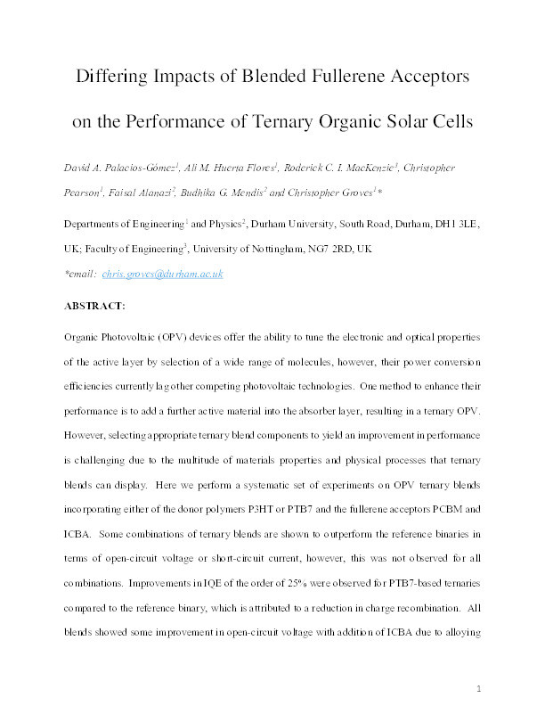 Differing Impacts of Blended Fullerene Acceptors on the Performance of Ternary Organic Solar Cells Thumbnail