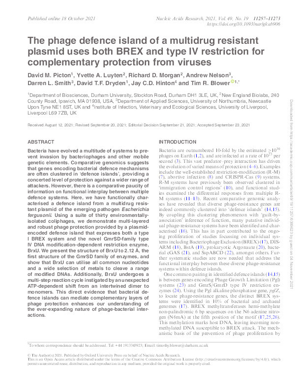 The phage defence island of a multidrug resistant plasmid uses both BREX and type IV restriction for complementary protection from viruses Thumbnail