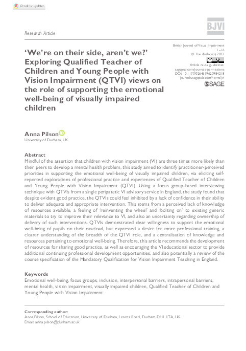 ‘We’re on their side, aren’t we?’ Exploring Qualified Teacher of Children and Young People with Vision Impairment (QTVI) views on the role of supporting the emotional well-being of visually impaired children Thumbnail