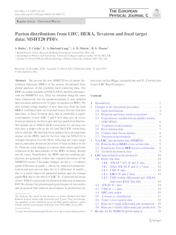 Parton distributions from LHC, HERA, Tevatron and fixed target data: MSHT20 PDFs Thumbnail
