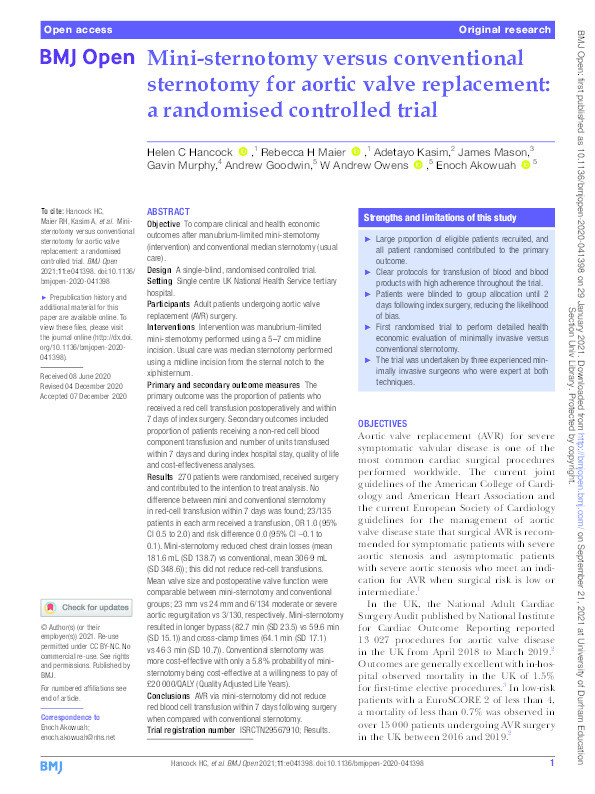 Mini-sternotomy versus conventional sternotomy for aortic valve replacement: a randomised controlled trial Thumbnail