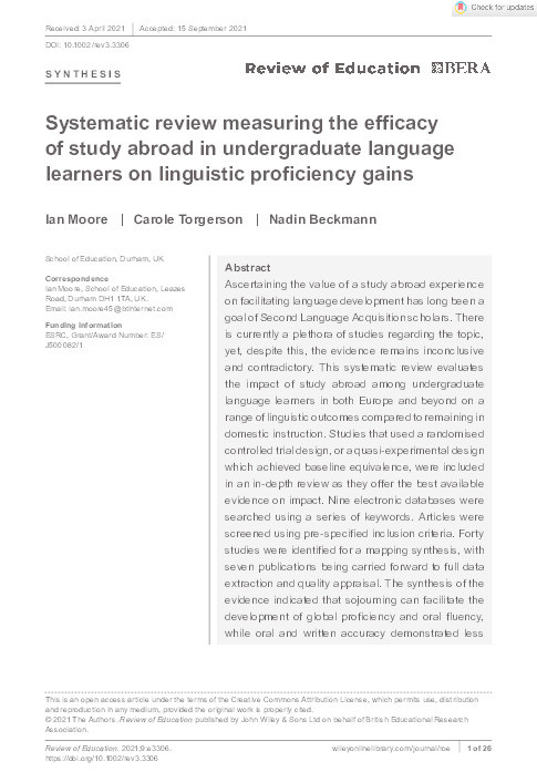 Systematic review measuring the efficacy of study abroad in undergraduate language learners on linguistic proficiency gains Thumbnail