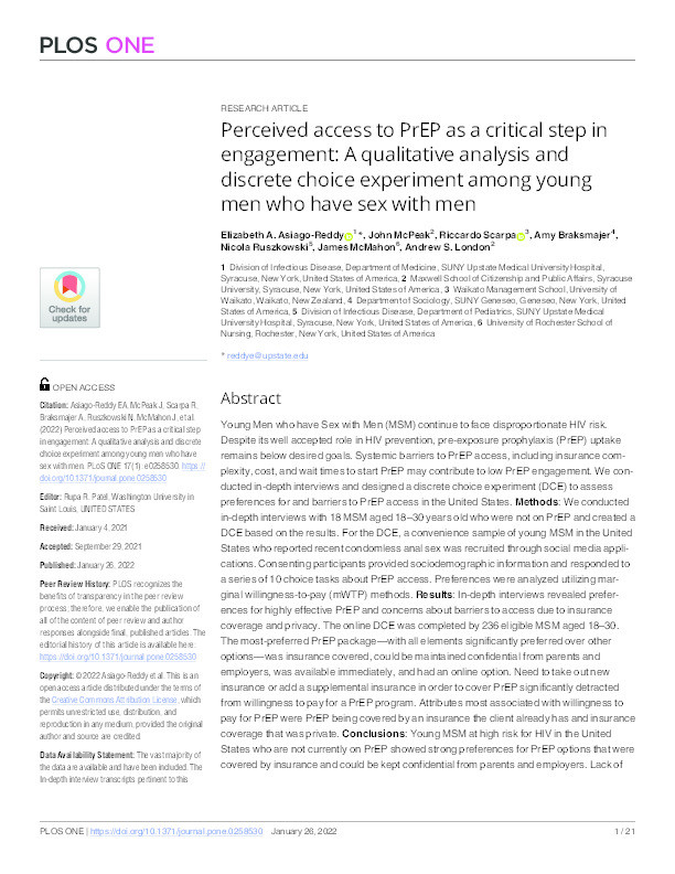 Perceived access to PrEP as a critical step in engagement: A qualitative analysis and discrete choice experiment among young men who have sex with men Thumbnail