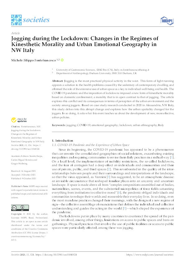 Jogging during the Lockdown: Changes in the Regimes of Kinesthetic Morality and Urban Emotional Geography in NW Italy Thumbnail