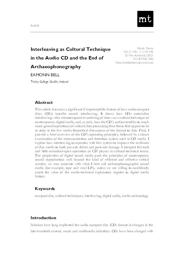 Interleaving as Cultural Technique in the Audio CD and the End of Archaeophonography Thumbnail