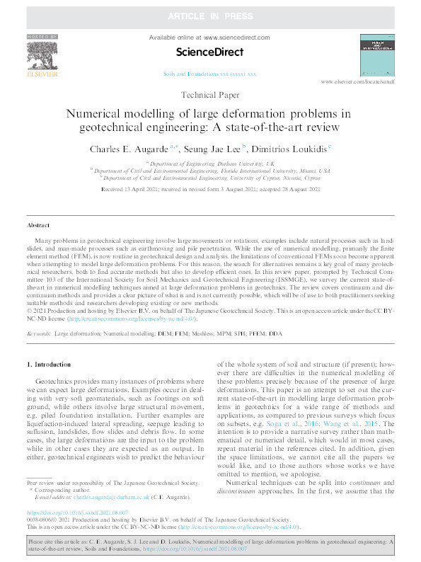 Numerical modelling of large deformation problems in geotechnical engineering: A state-of-the-art review Thumbnail