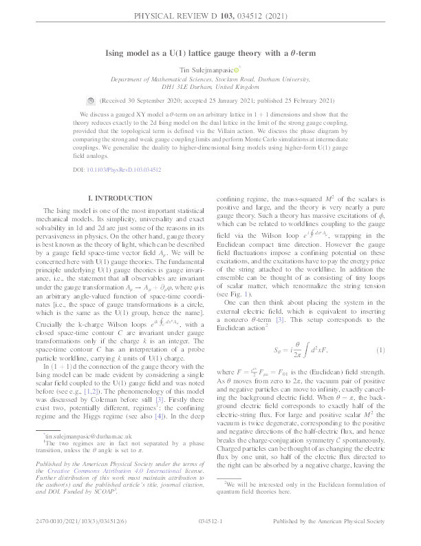 Ising model as a U(1) lattice gauge theory with a θ -term Thumbnail