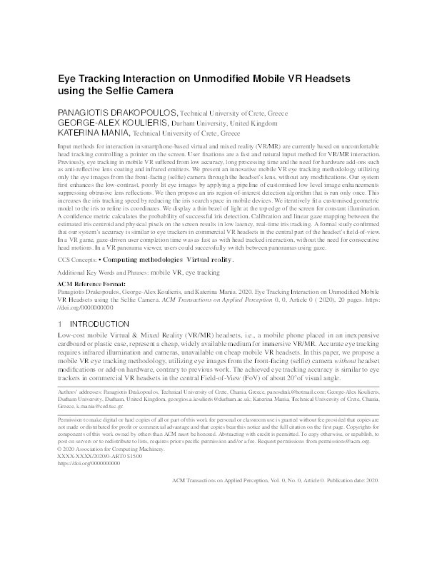 Eye Tracking Interaction on Unmodified Mobile VR Headsets Using the Selfie Camera Thumbnail