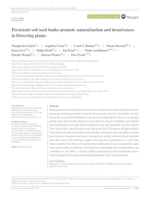 Persistent soil seed banks promote naturalisation and invasiveness in flowering plants Thumbnail