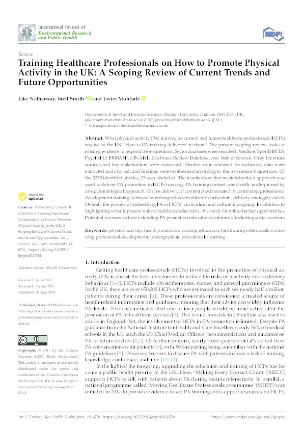 Training Healthcare Professionals on How to Promote Physical Activity in the UK: A Scoping Review of Current Trends and Future Opportunities Thumbnail