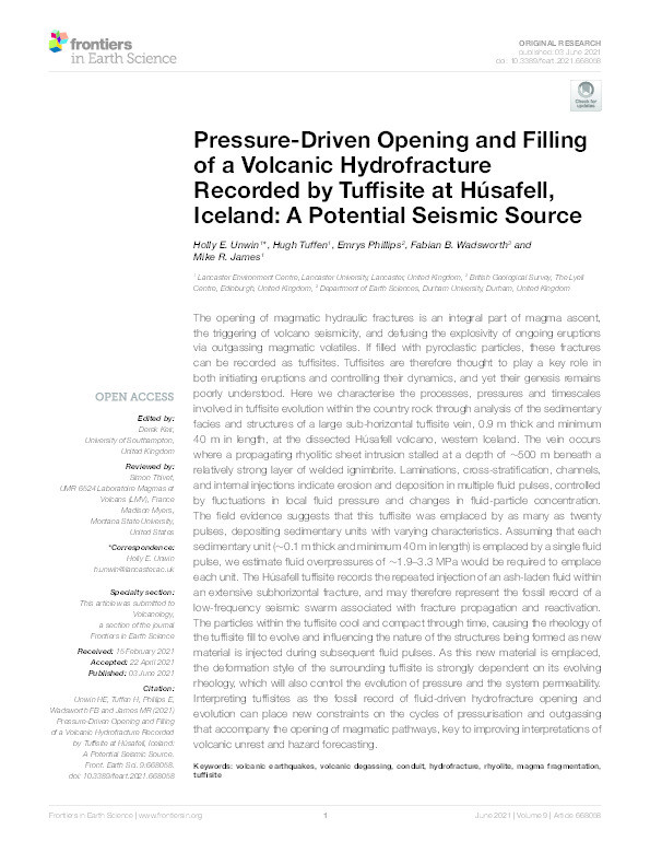 Pressure-Driven Opening and Filling of a Volcanic Hydrofracture Recorded by Tuffisite at Húsafell, Iceland: A Potential Seismic Source Thumbnail
