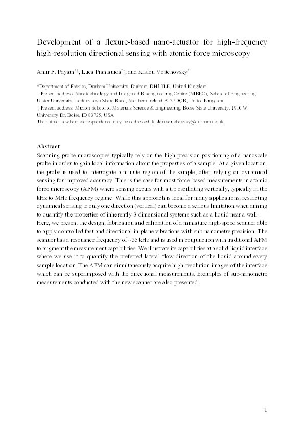 Development of a flexure-based nano-actuator for high-frequency in-plane directional sensing with atomic force microscopy Thumbnail