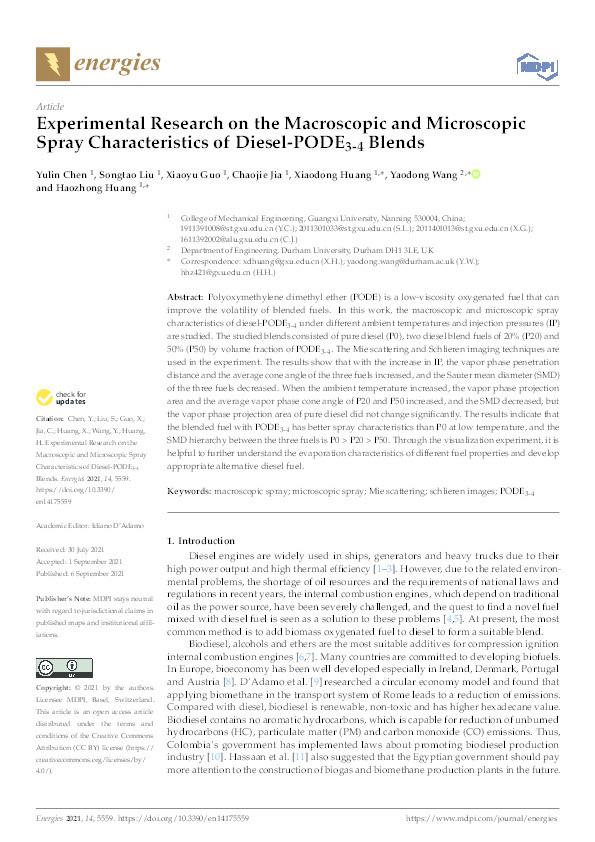 Experimental Research on the Macroscopic and Microscopic Spray Characteristics of Diesel-PODE3-4 Blends Thumbnail